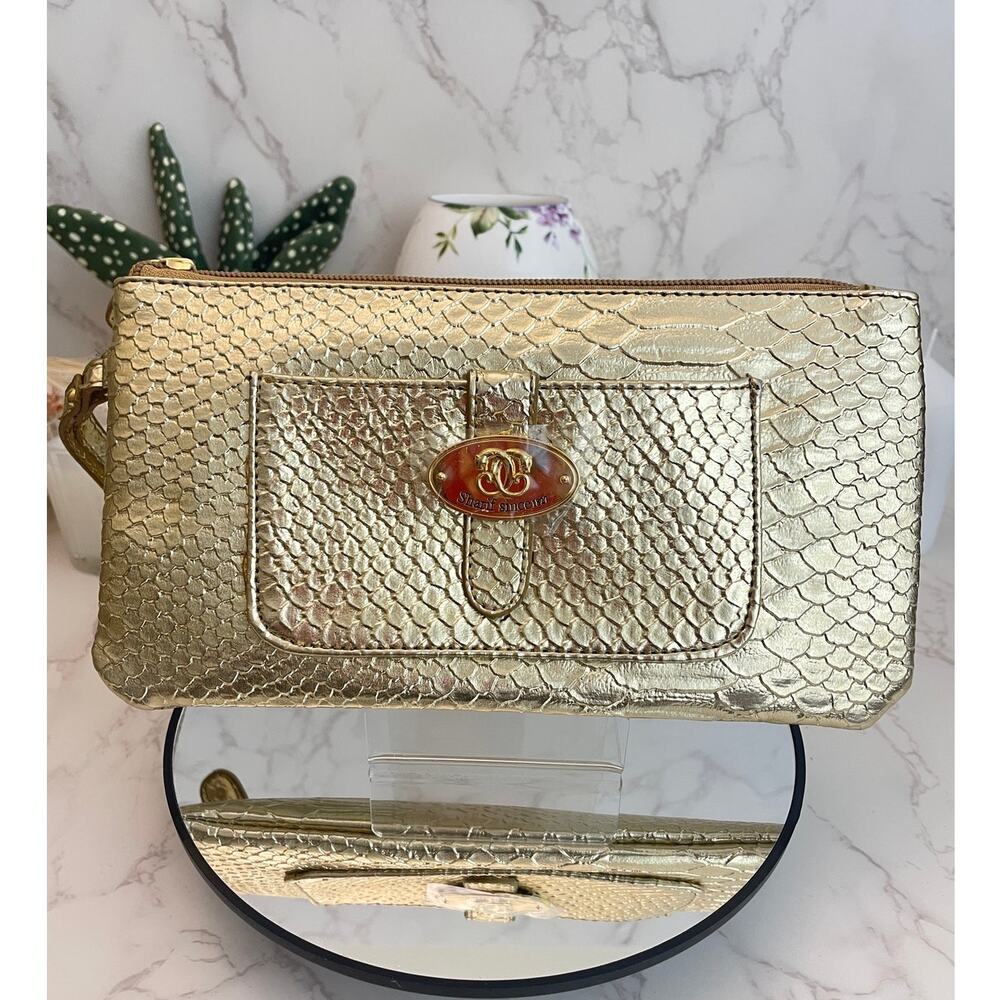 Sharif 1827 Metallic Gold Snake Embossed Faux Leather Wristlet NWOT